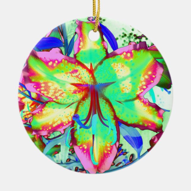 Colourful floral green pink lily tropical flowers ceramic tree decoration (Front)