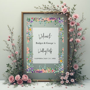 Colourful Floral Greenery Frosted Wedding Welcome Acrylic Sign