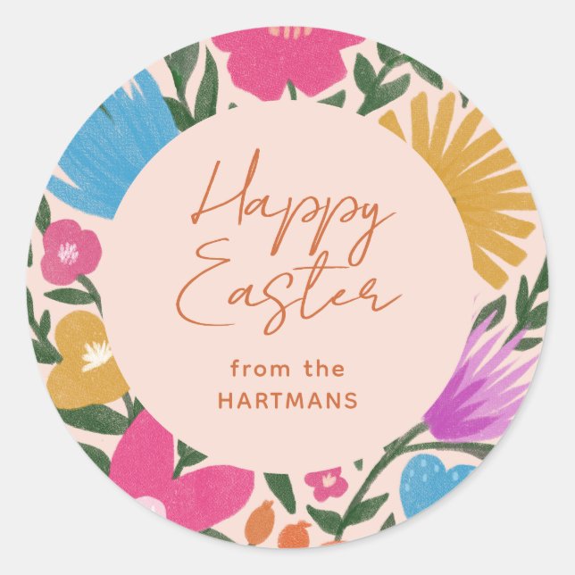 Colourful Floral Happy Easter Name | Orange  Classic Round Sticker (Front)