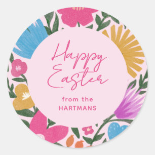 Colourful Floral Happy Easter Name Pink Classic Round Sticker