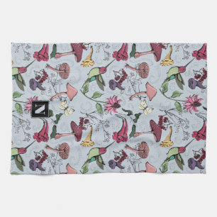 Colourful Floral Hummingbird Garden Light Blue Tea Towel
