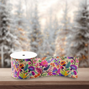 Colourful Floral Illustration Flowers Print Patter Satin Ribbon