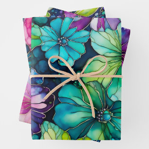 Colourful Floral Ink Art Wrapping Paper Sheets
