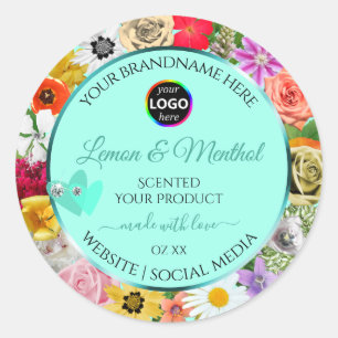 Colourful Floral Light Teal Product Labels Add Log