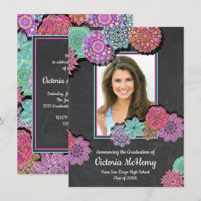 Colourful Floral Mandala Photo Graduation Party Invitation (Front/Back)