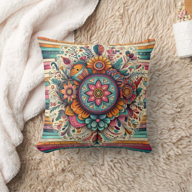 Colourful floral mandala with intricate patterns cushion (Blanket)