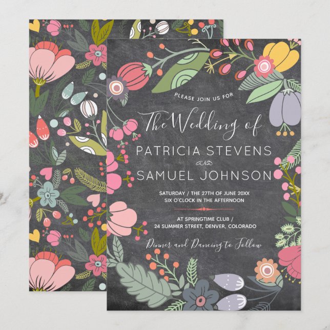 Colourful floral meadow wreath chalkboard wedding invitation (Front/Back)