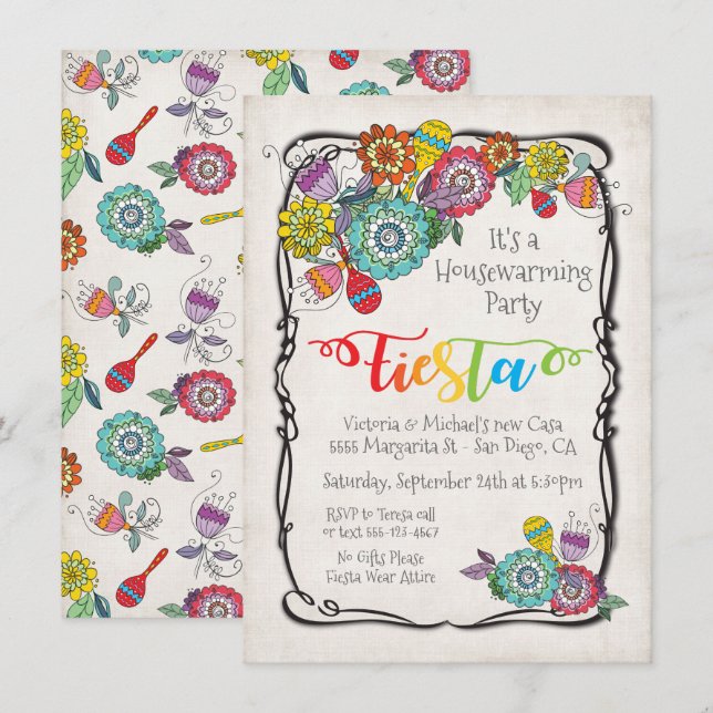 Colourful Floral Mexican Fiesta Housewarming Party Invitation (Front/Back)