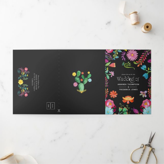 Colourful Floral Mexican Fiesta Wedding Tri-Fold Invitation (Outside)