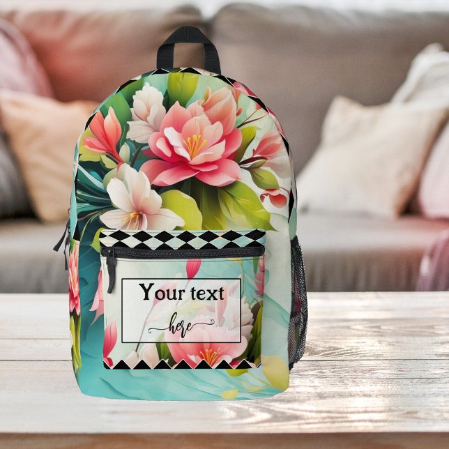 Colourful Floral Modern Art  Printed Backpack (Backpack featuring colorful floral art with a black and white checkered design)