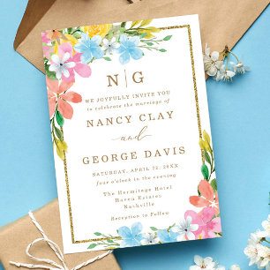 Colourful Floral Monogram Gold Frame Wedding Invitation