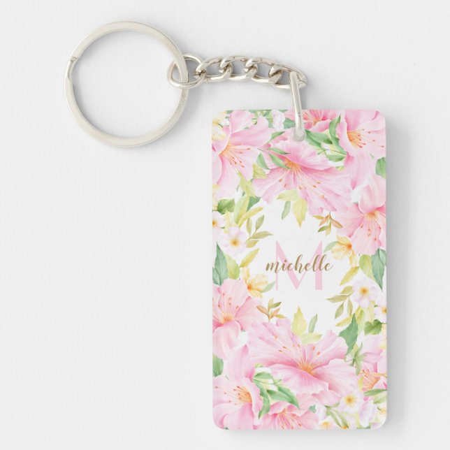 Colourful Floral Monogram Watercolor Botanical Pin Key Ring (Front)