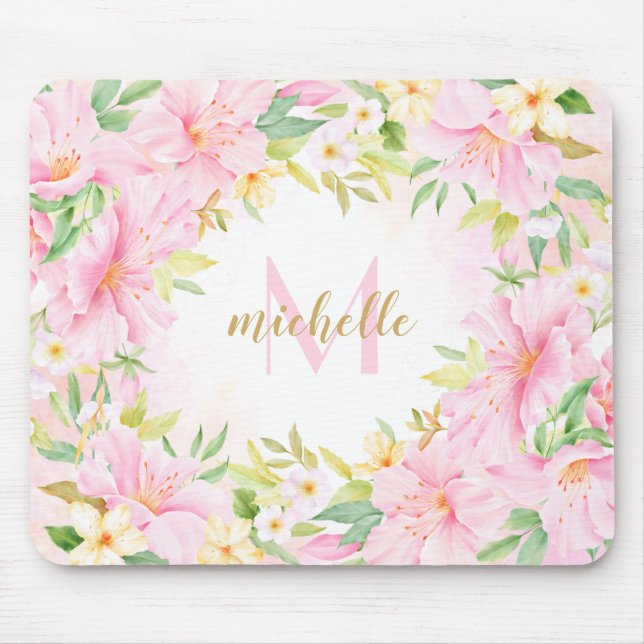Colourful Floral Monogram Watercolor Botanical Pin Mouse Pad (Front)