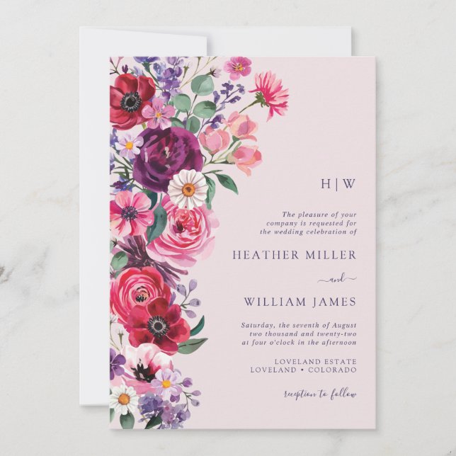 Colourful Floral Monogrammed Wedding Invitation (Front)