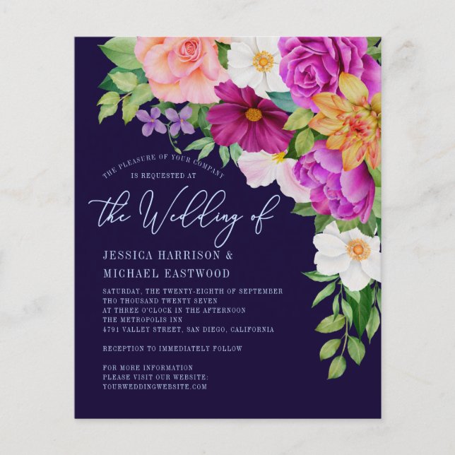 Colourful Floral Navy Blue Wedding Invitation Flye Flyer (Front)