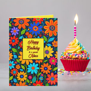 Colourful Floral Niece Custom Text Birthday Card