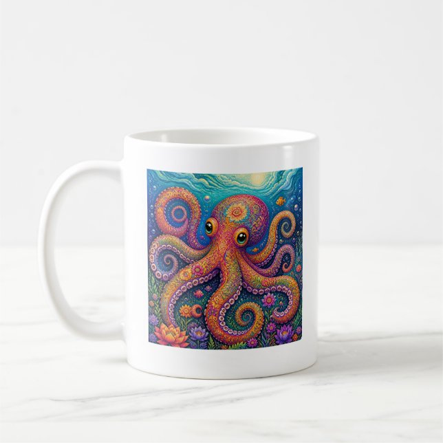 Colourful Floral Octopus Underwater Fantasy Art Coffee Mug (Left)