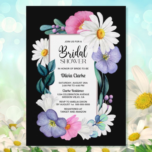 Colourful Floral on Black Bridal Shower Invitation (Creator Uploaded)