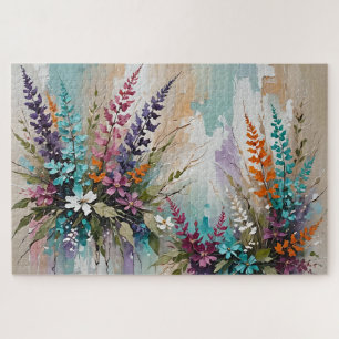 Colourful Floral on Blue Beige White Lavender Jigsaw Puzzle
