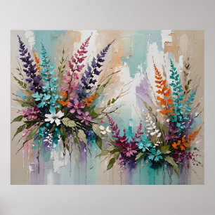 Colourful Floral on Blue Beige White Lavender Poster