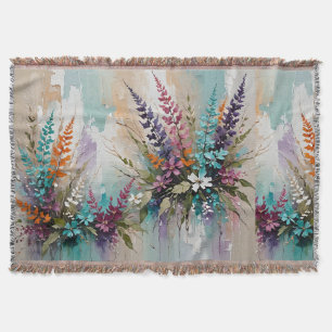 Colourful Floral on Blue Beige White Lavender Throw Blanket