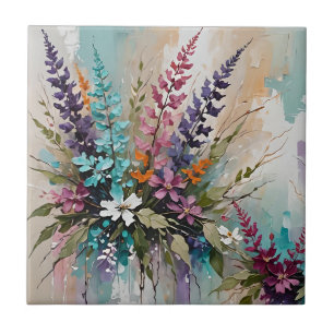 Colourful Floral on Blue Beige White Lavender Tile