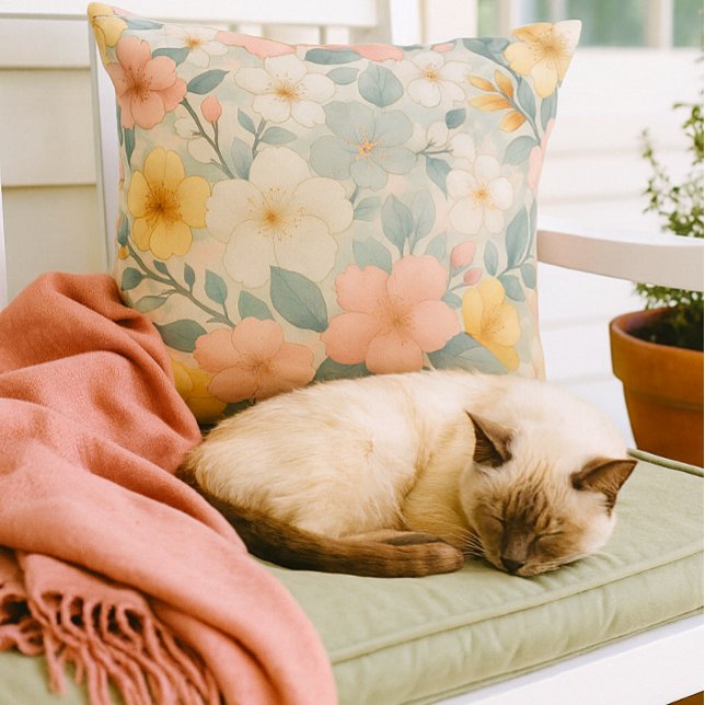 Colourful Floral on Light Grey  Cushion (Cozy moments on the porch with floral throw pillow and your cat )