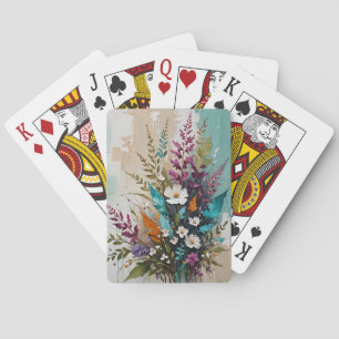 Colourful Floral on Teal Blue Beige Playing Cards