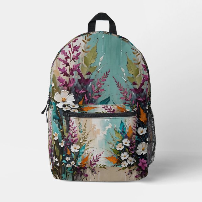 Colourful Floral on Teal Blue Beige  Printed Backpack (Front)