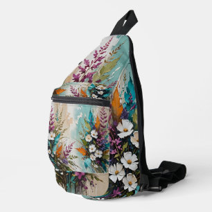 Colourful Floral on Teal Blue Beige Sling Bag