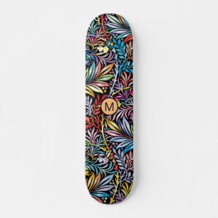 Colourful Floral Orange Black Monogram Skateboard