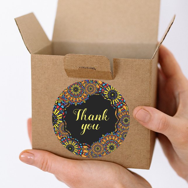 Colourful Floral Oriental Mandalas Thank You Classic Round Sticker (Creator Uploaded)