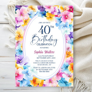 Colourful Floral Oval 40th Birthday Party Invitation