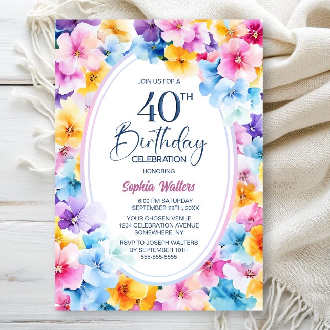 Colourful Floral Oval 40th Birthday Party Invitation (Creator Uploaded)