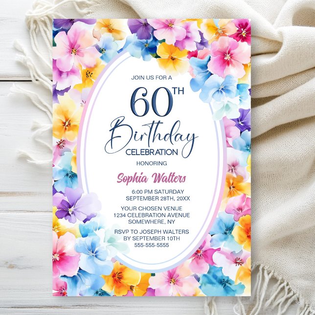 Colourful Floral Oval 60th Birthday Party Invitation (Creator Uploaded)