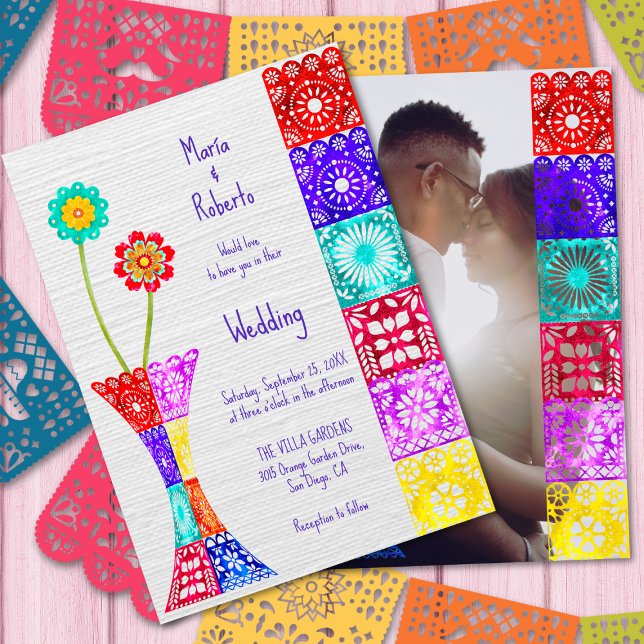 Colourful Floral Papel Picado Mexican Wedding Invitation (Creator Uploaded)