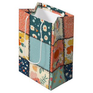 Colourful Floral Patchwork Quilt with Playful Prin Medium Gift Bag
