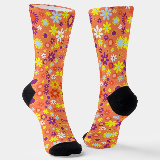 Colourful Floral Pattern * Coral Colour Socks (Angled)