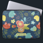Colourful Floral Pattern Dark Blue Personalised Laptop Sleeve<br><div class="desc">Cute colourful flower pattern on dark blue background with optional personalisation.</div>