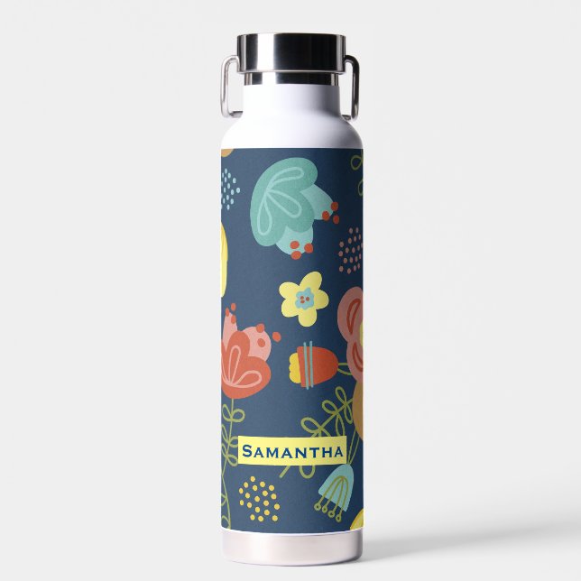 Colourful Floral Pattern Dark Blue Personalised Water Bottle (Front)