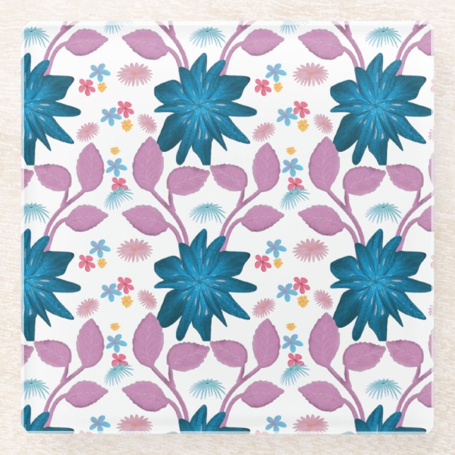 Colourful floral pattern  glass coaster (Front)