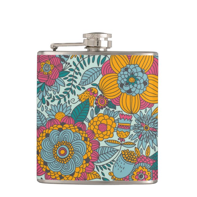 Colourful floral pattern hip flask (Front)