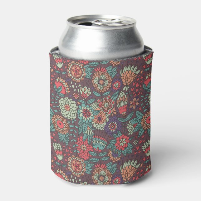 Colourful floral pattern in cartoon style can cooler (Can Front)