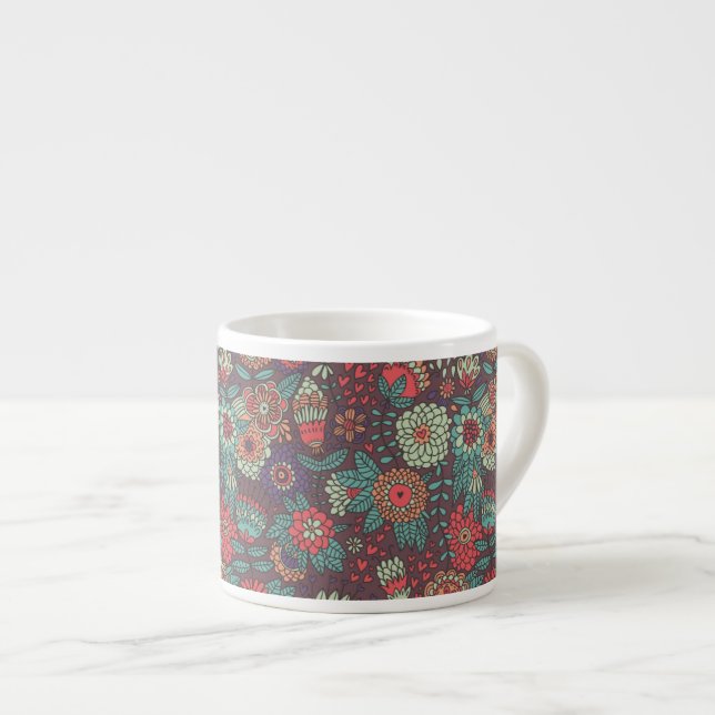 Colourful floral pattern in cartoon style espresso cup (Front Right)
