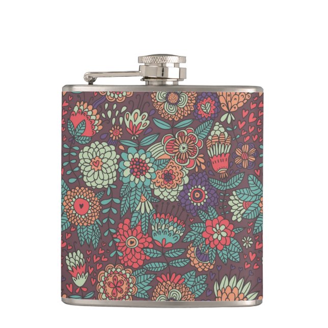 Colourful floral pattern in cartoon style hip flask (Front)
