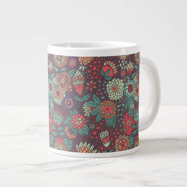 Colourful floral pattern in cartoon style large coffee mug (Front Right)