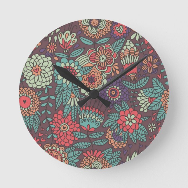 Colourful floral pattern in cartoon style round clock (Front)