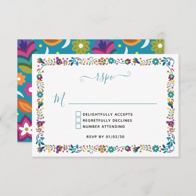 Colourful Floral Pattern Mexican Wedding RSVP Card (Front/Back)