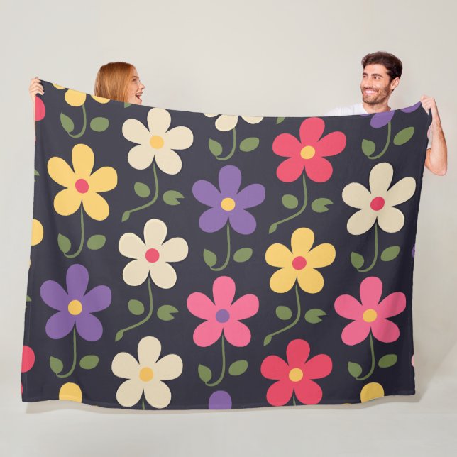 Colourful Floral Pattern on Dark Background Fleece Blanket (In Situ)