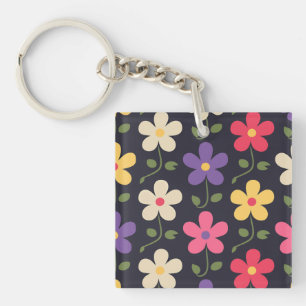 Colourful Floral Pattern on Dark Background Key Ring
